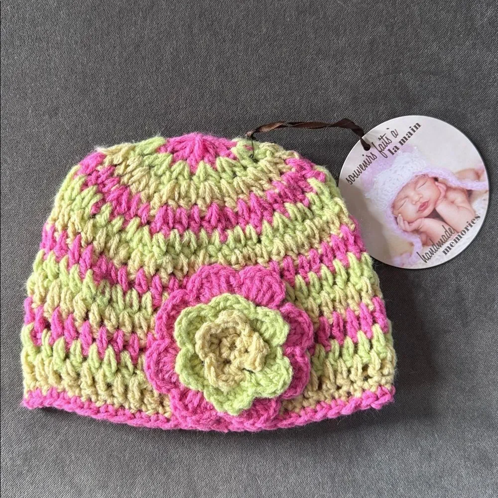 Daisy Baby Girls Crocheted Skull Hat Beanie Pink and Lime Green 2-8 years NEW